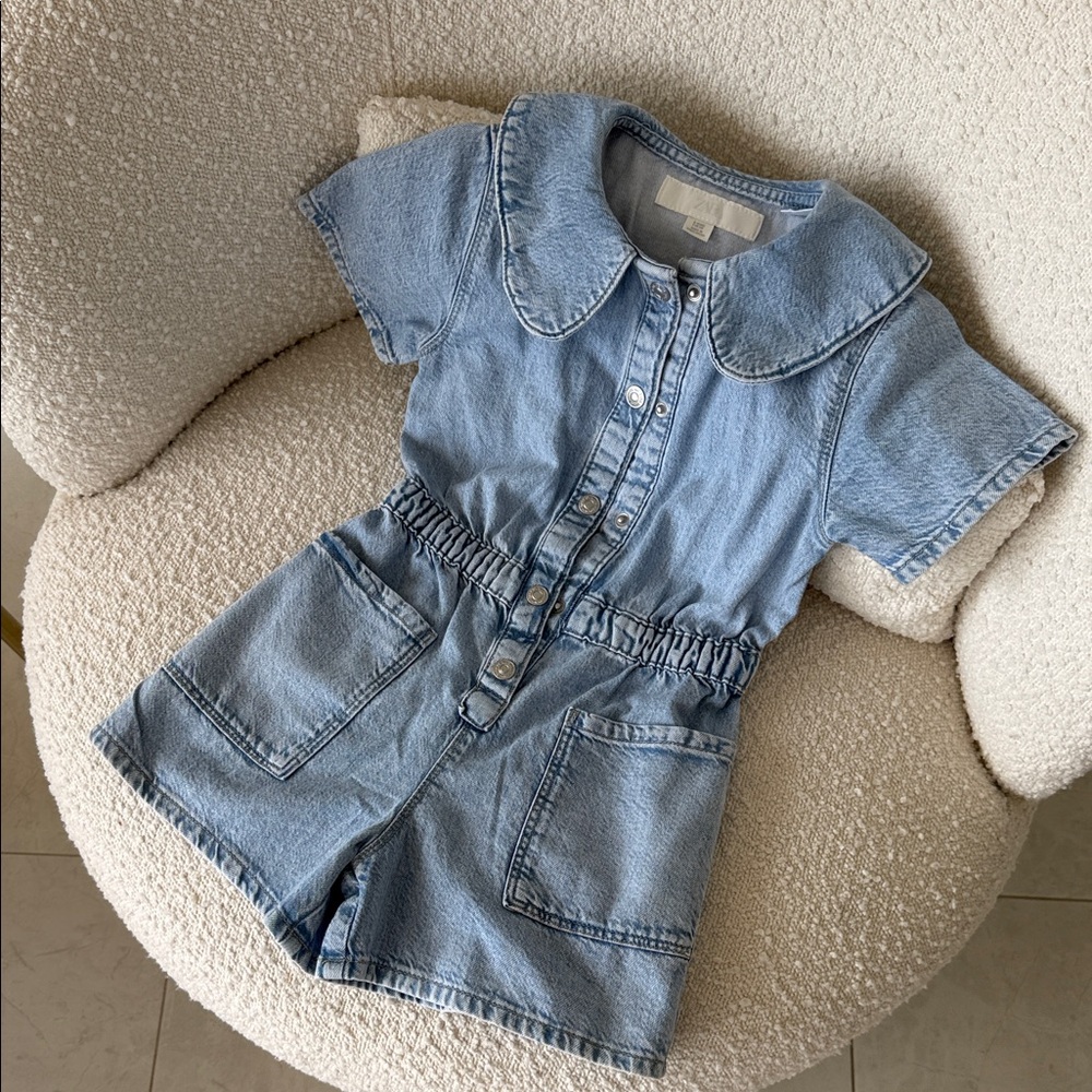 Zara Light Blue Denim Romper with Peter Pan Collar